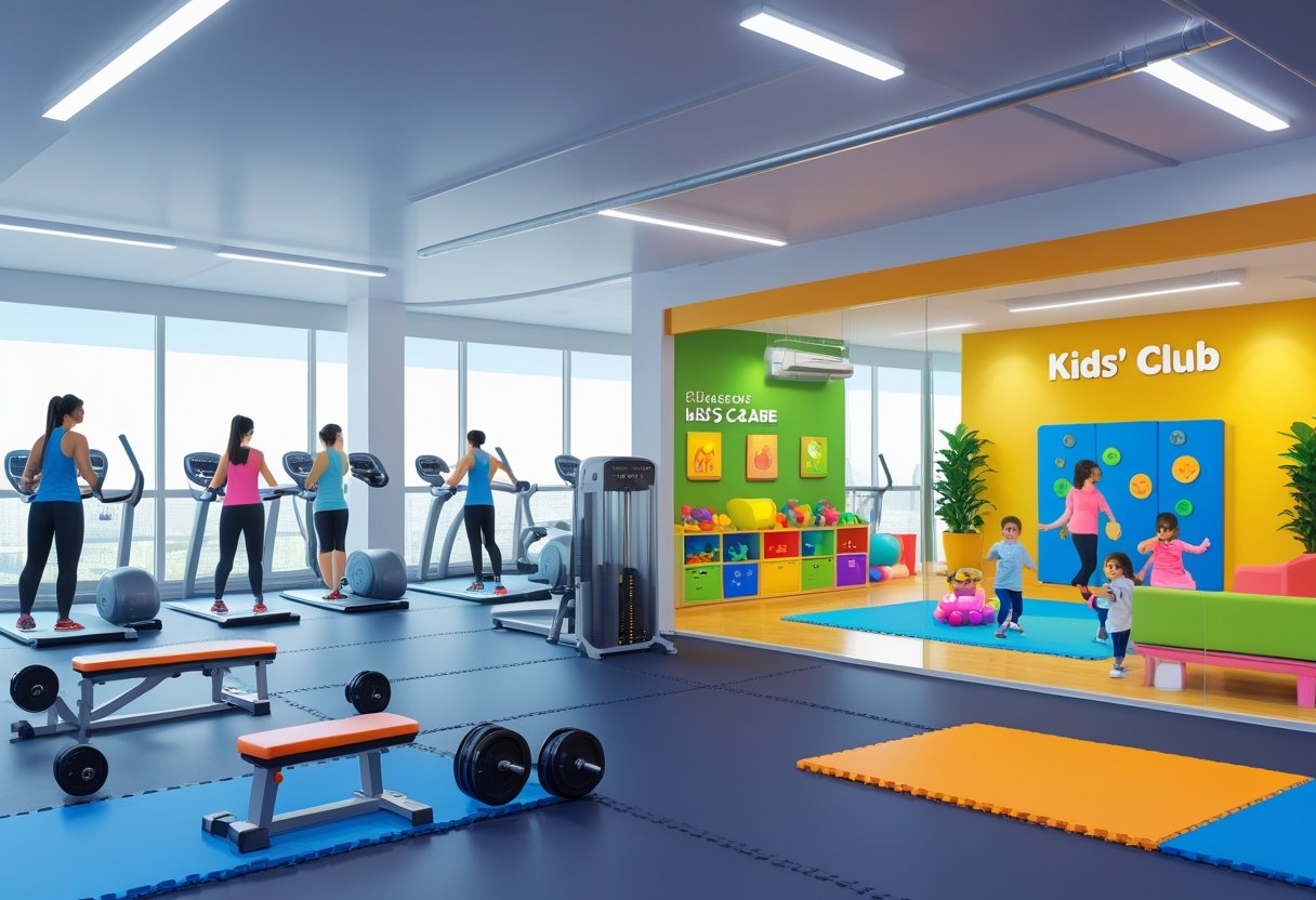 A gym with adults exercising and a nearby childcare room where children play under supervision.