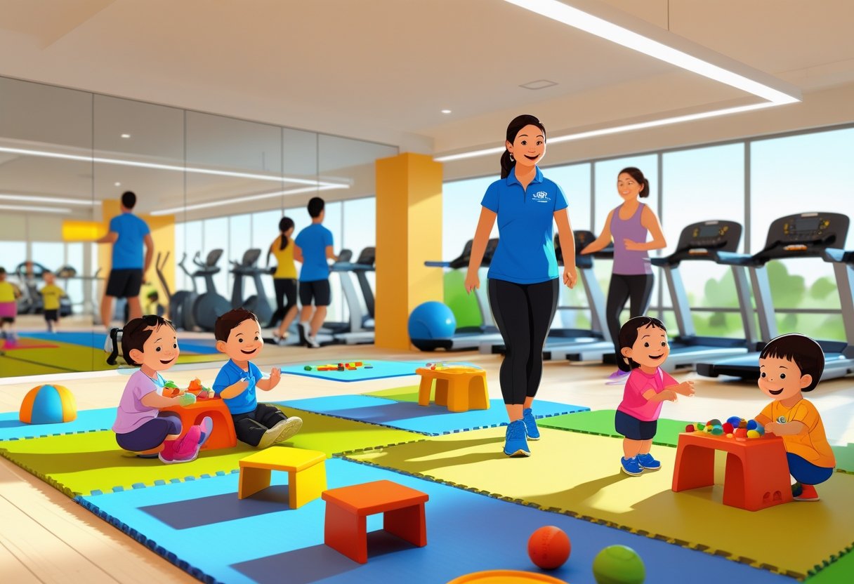 A gym with a childcare area where children play under supervision while adults exercise in the background.