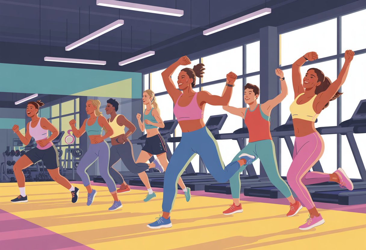 A group of diverse people dancing energetically in a gym during a Zumba class led by an instructor.