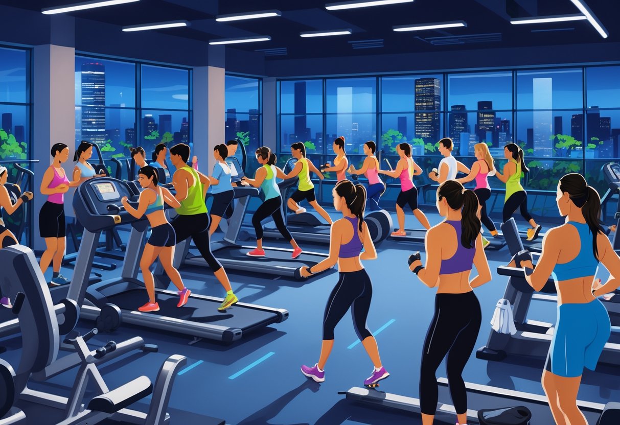 A busy 24-hour gym with people exercising on treadmills, lifting weights, and attending a group fitness class at night.