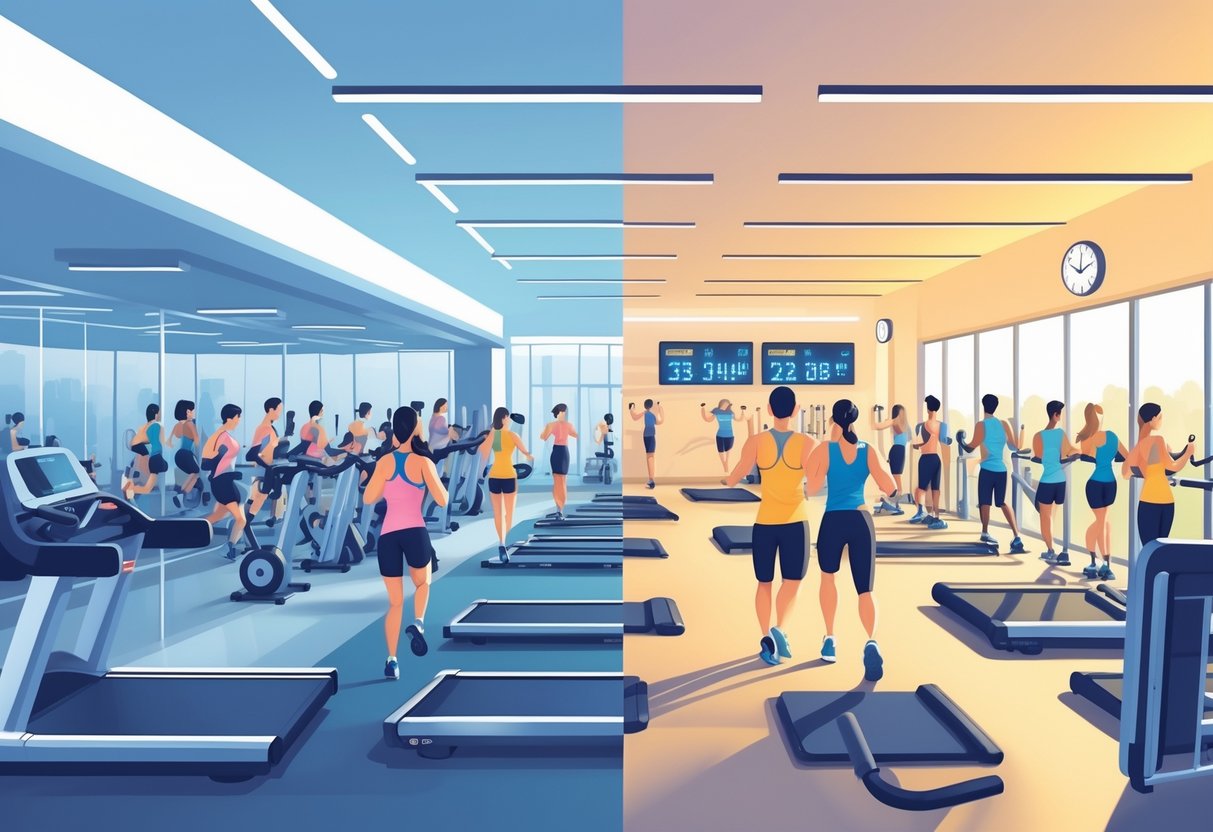 A gym interior showing a busy workout area with many people exercising on one side and a quiet workout area with few people on the other side, illustrating different times of day.