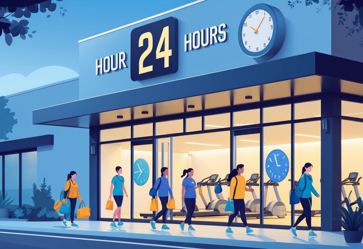 A modern gym building with a large digital clock showing specific opening hours, people arriving and leaving at different times, illustrating changing gym hours.