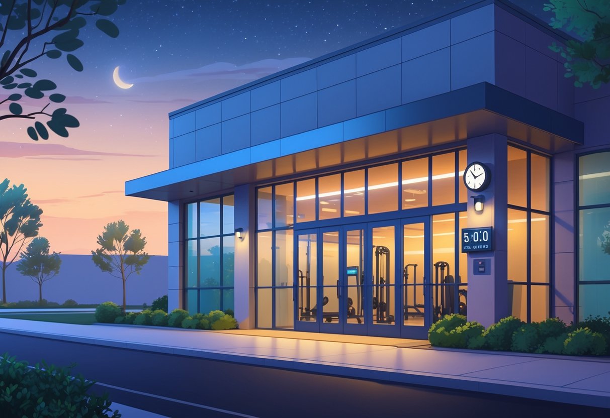 Exterior view of a 24 Hour Fitness gym building at dawn with lights on inside and a digital clock showing early morning time near the entrance.