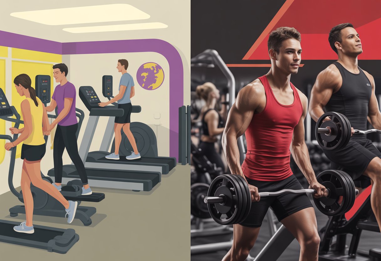 A gym split into two sections: one bright and welcoming with people using cardio machines, the other intense with people lifting weights and training.