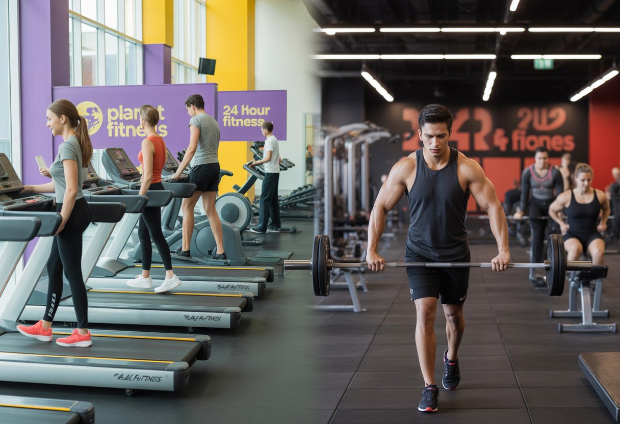 A gym divided into two sections showing people exercising with cardio machines on one side and weightlifting on the other, representing two different fitness centers.