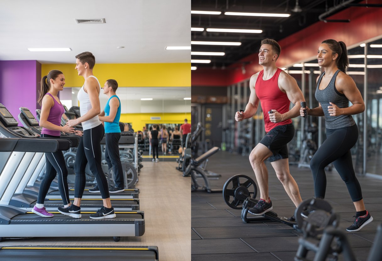 Side-by-side view of two different gym interiors with people exercising, showing contrasting atmospheres and equipment.