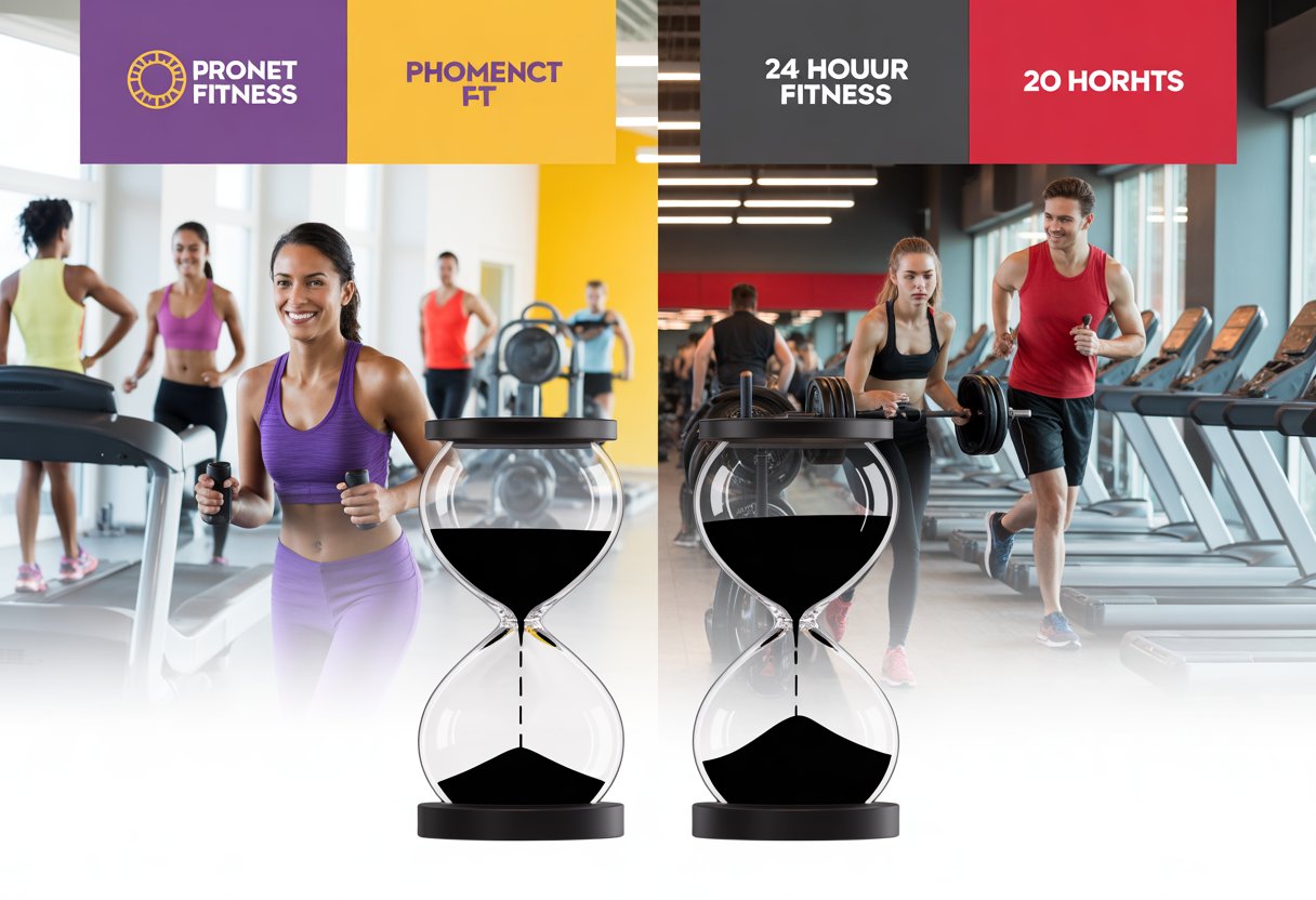 A gym divided into two sections with people exercising, one side representing Planet Fitness with purple and yellow colors, the other side representing 24 Hour Fitness with red and black colors, and two hourglass timers in the center symbolizing a contract length comparison.