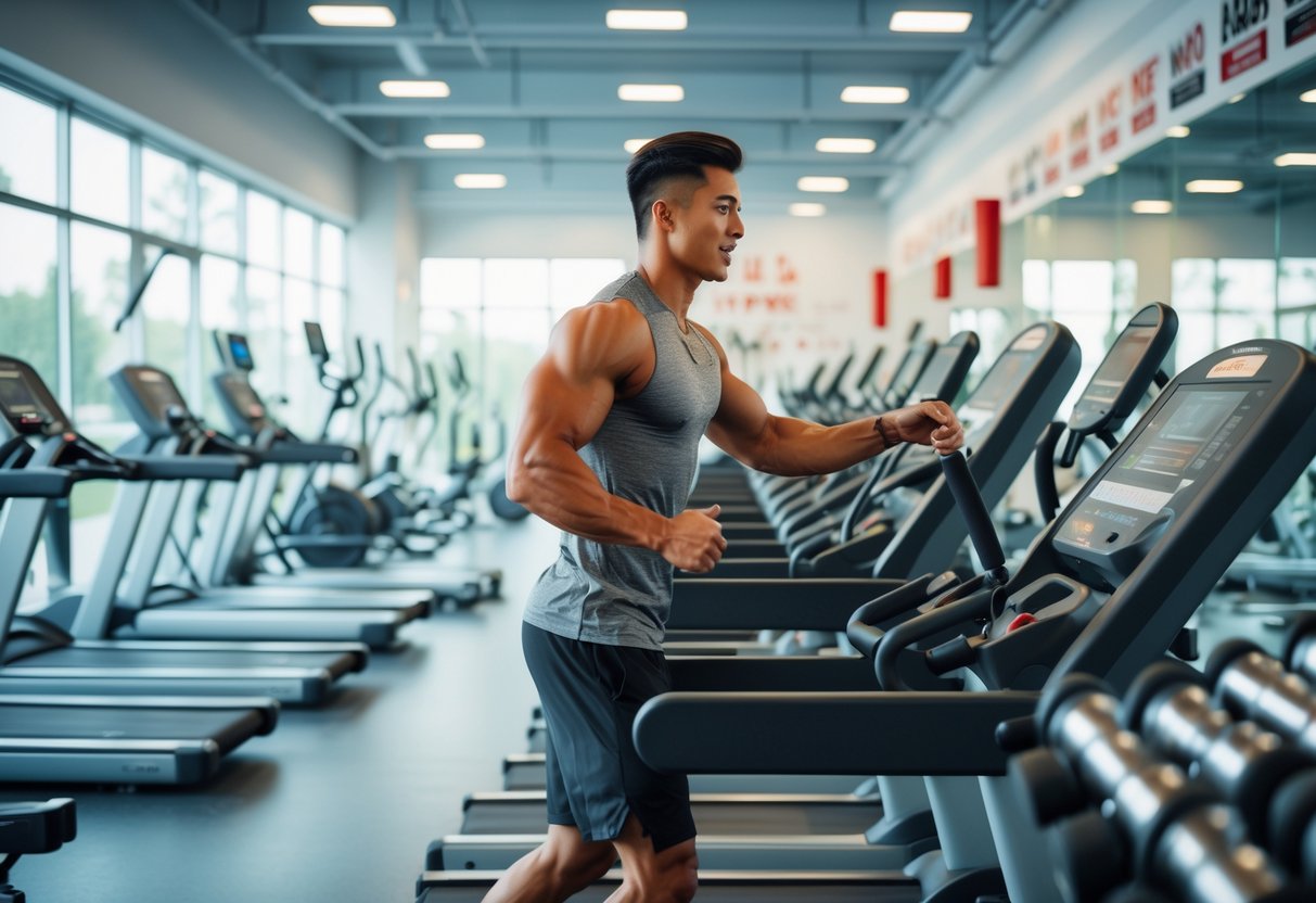 A person adjusting a treadmill in a bright, modern gym filled with various exercise equipment.