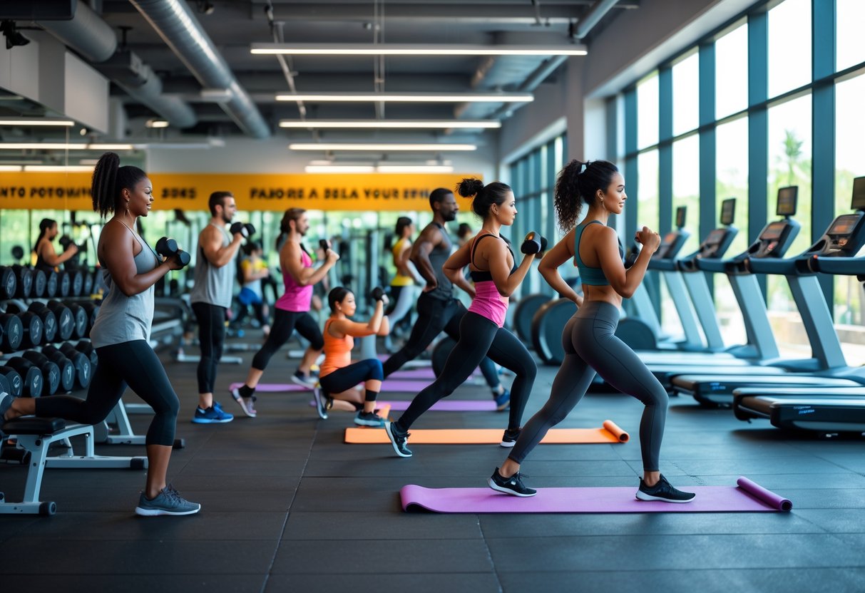 People exercising with various gym equipment in a bright, spacious fitness center.