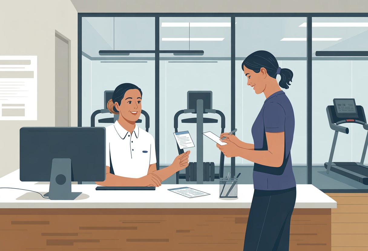 A gym member talks with a staff person at a reception desk inside a fitness center with gym equipment visible in the background.