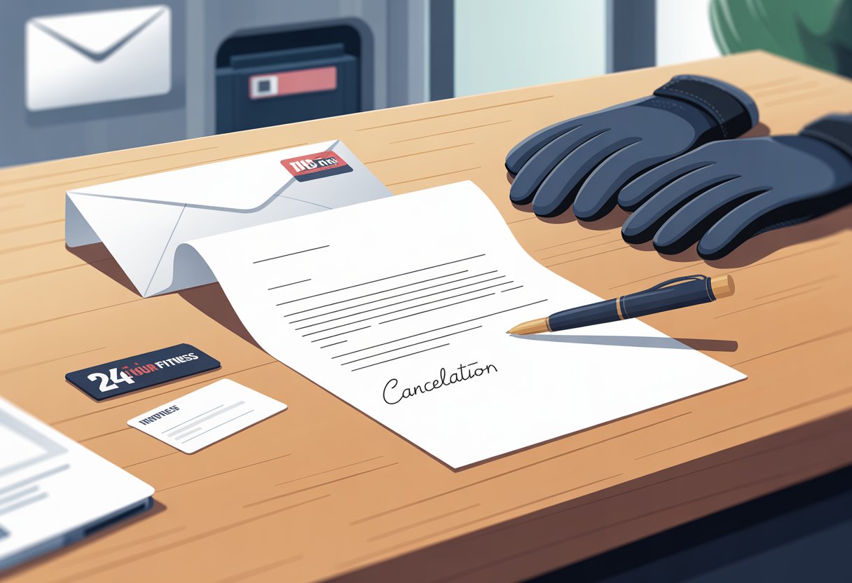 A desk with a handwritten letter, pen, envelope, and fitness items arranged to represent sending a cancellation letter for a gym membership.