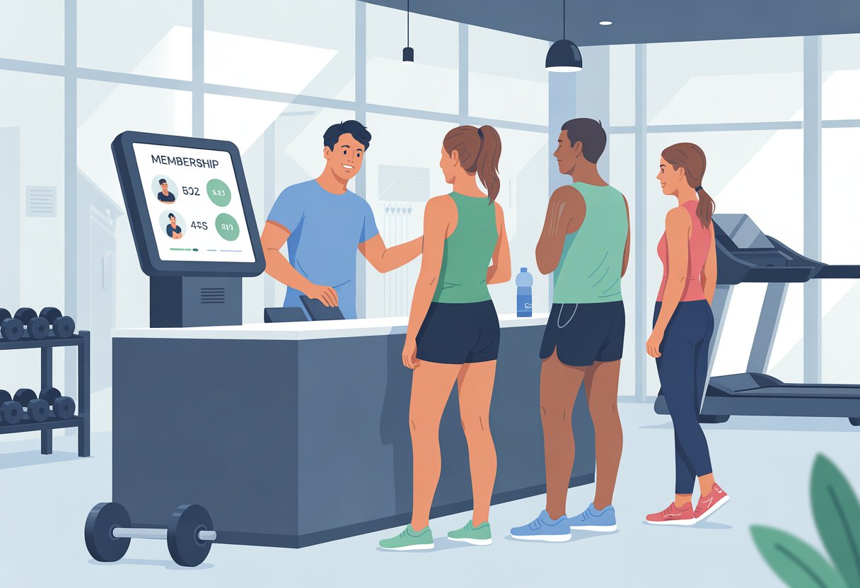 A gym reception area with a staff member helping people explore membership options on a digital kiosk, surrounded by fitness equipment.