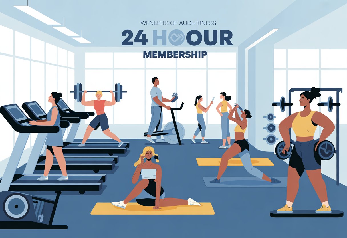 A modern gym with diverse people exercising on machines, lifting weights, doing yoga, and a staff member helping a member at the front desk.