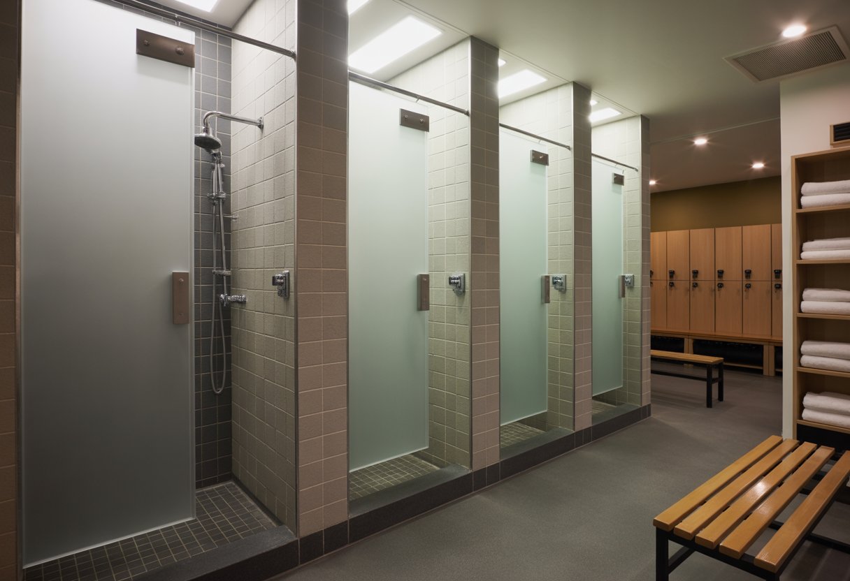 A bright and clean gym locker room with individual shower stalls, wooden benches, lockers, and shelves with towels.