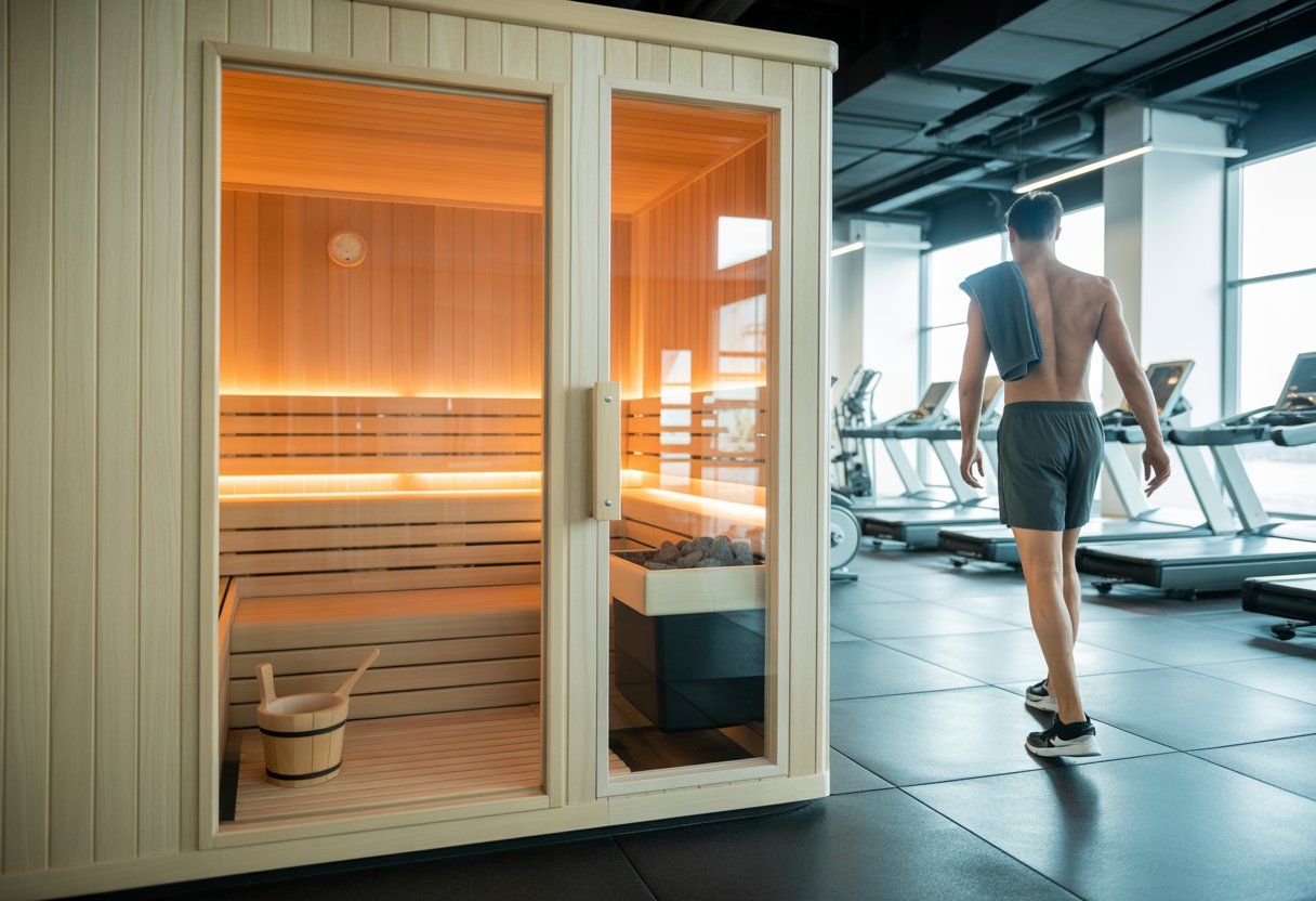 A person walking towards a wooden sauna room inside a modern gym with exercise equipment visible nearby.