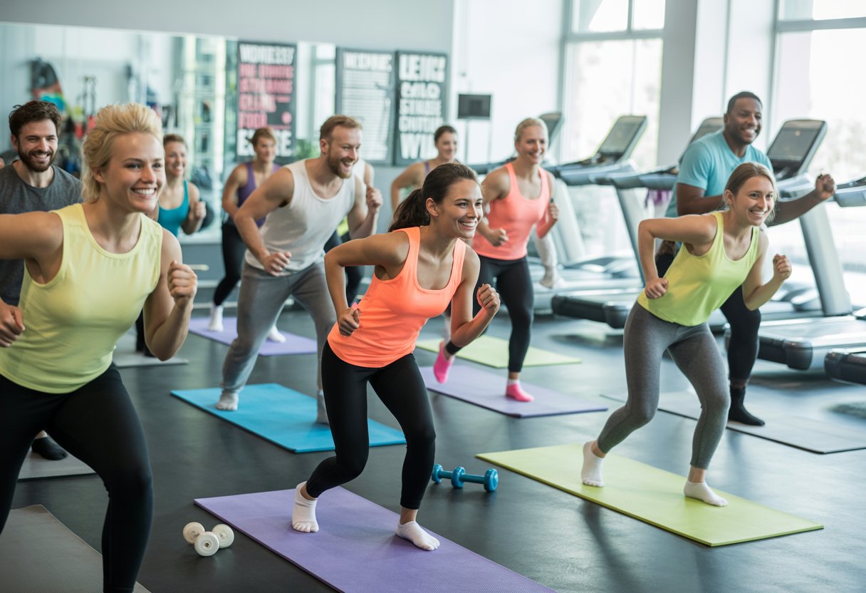 A diverse group of people exercising together in a bright gym led by an instructor.