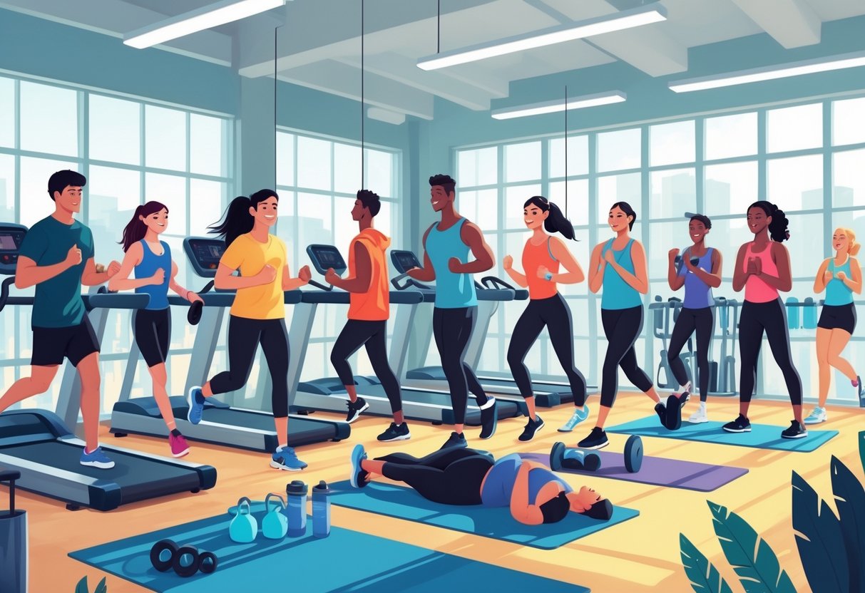 A group of young adults exercising in a bright gym with fitness equipment and natural light.