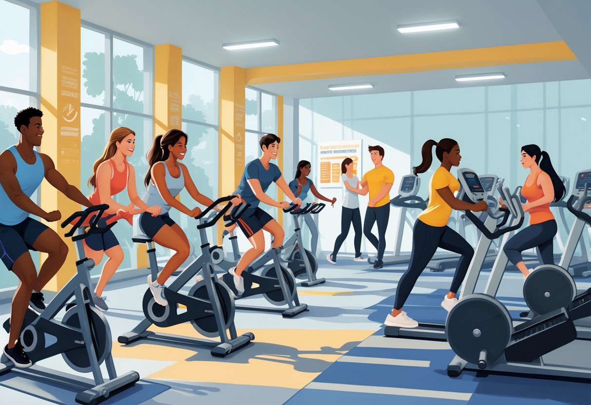 A group of college students exercising together in a bright gym with various workout equipment and a staff member assisting.
