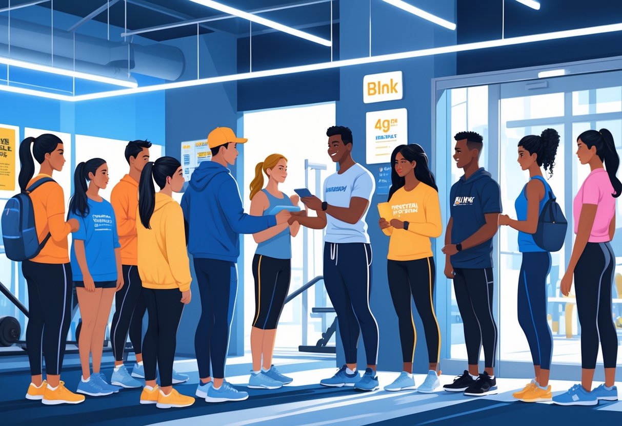 A gym entrance where a staff member is checking IDs of people of different ages before they enter.