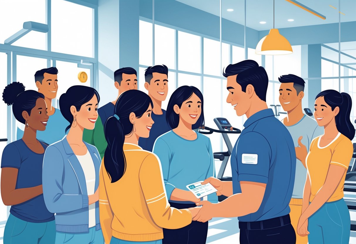 A gym entrance where a staff member is checking the age of diverse people before allowing entry.