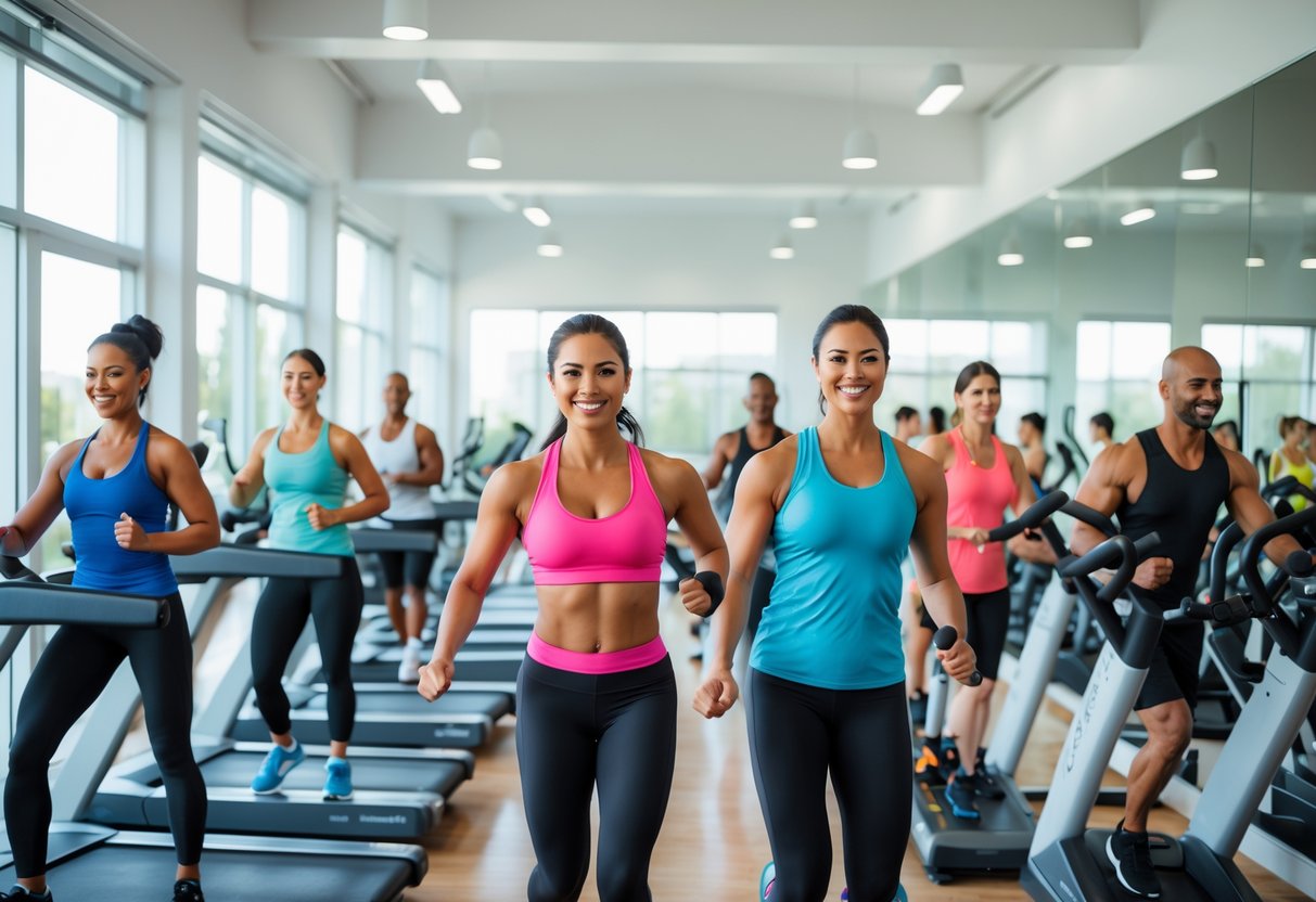 A bright gym with people exercising on machines and lifting weights, smiling and interacting.