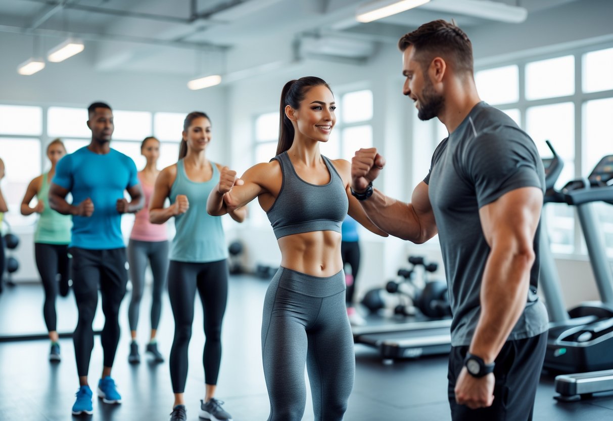 A personal trainer guiding a young woman during a workout session in a bright gym with people exercising in the background.