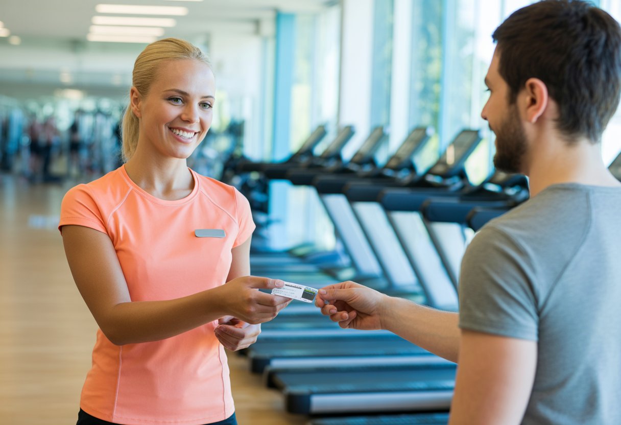A gym staff member handing a guest pass card to a visitor at a gym reception desk.