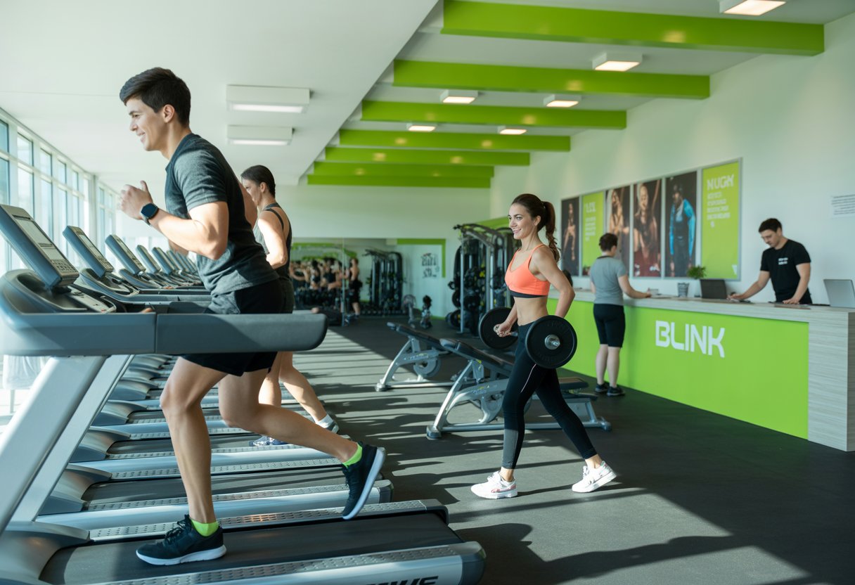 A bright gym with people exercising on treadmills and lifting weights, and a staff member helping a visitor at the reception desk.