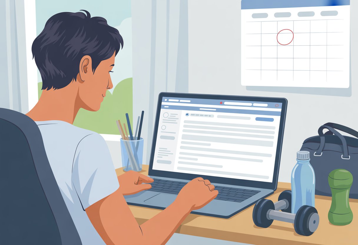 A person sitting at a desk looking at a laptop with fitness items nearby, symbolizing managing a gym membership.