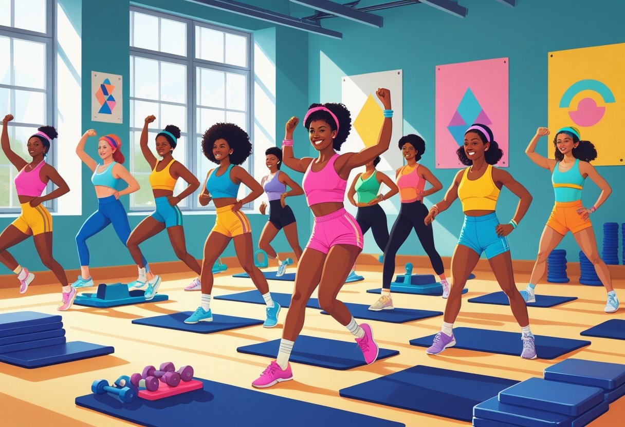 A group of people exercising together in a fitness studio wearing colorful 1980s workout clothes, following an instructor leading an aerobic class.