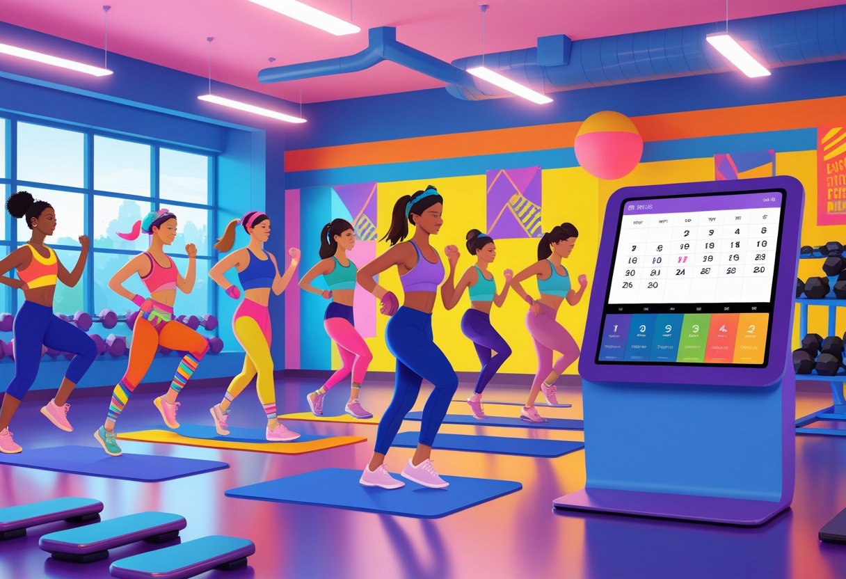 People in colorful retro workout clothes exercising in a fitness studio while a touchscreen device shows a class schedule.