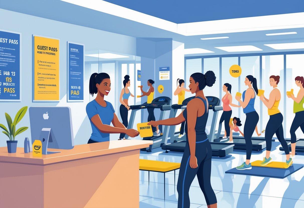 A gym receptionist hands a guest pass to a visitor while people exercise in the background.