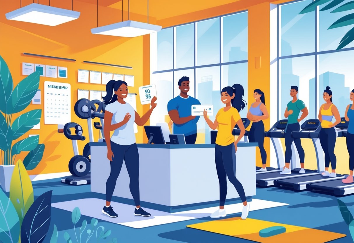 A gym receptionist welcoming a guest who is showing a guest pass while other people exercise in the gym.