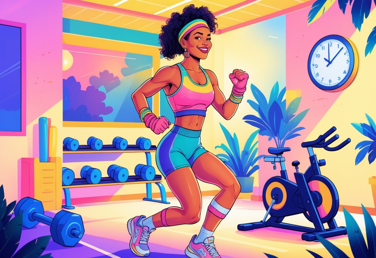 A young adult in retro workout clothes exercising in a bright gym with vintage fitness equipment and a backpack nearby.