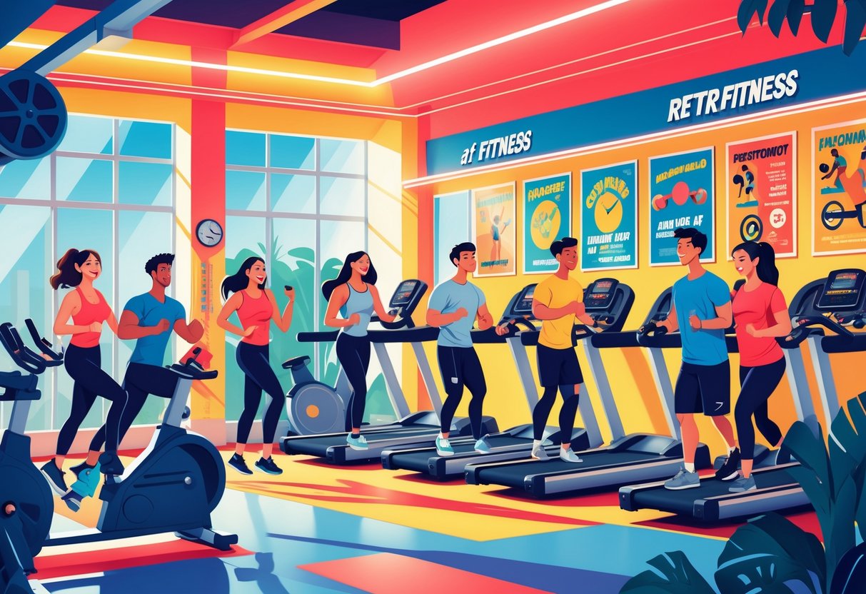 A group of young adults exercising together in a gym with retro-style decor and fitness equipment.