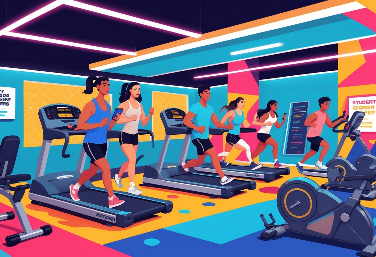 A group of college students exercising together in a brightly lit gym with retro design elements, using various workout machines and checking a fitness app.