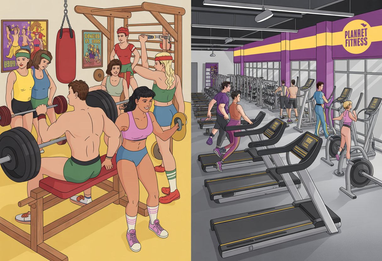A side-by-side scene showing a vintage gym with old-fashioned equipment and retro workout clothes on the left, and a modern gym with contemporary machines and casual athletic wear on the right.