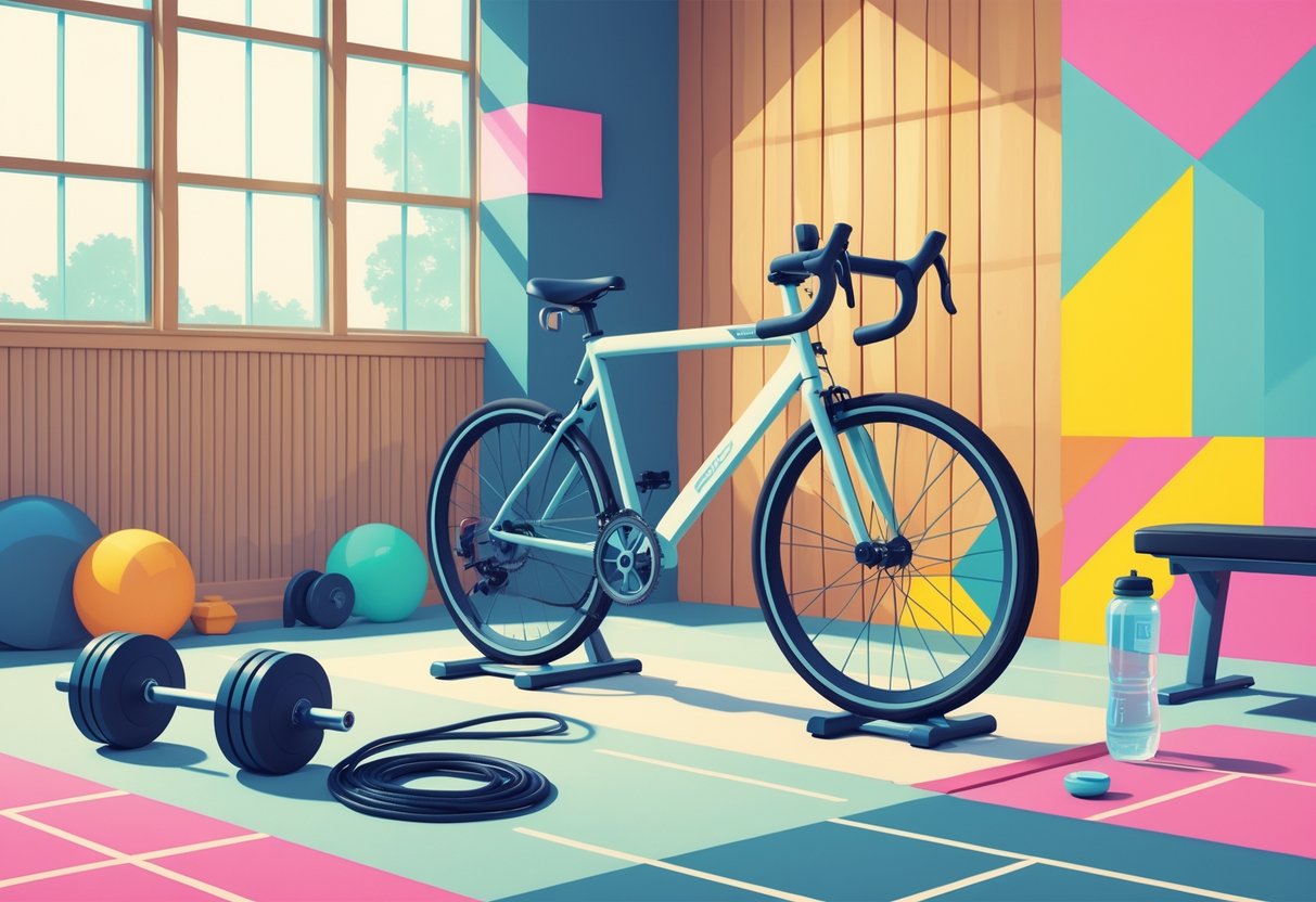 A gym interior with vintage workout equipment like dumbbells and a stationary bike, featuring colorful geometric patterns and natural light.