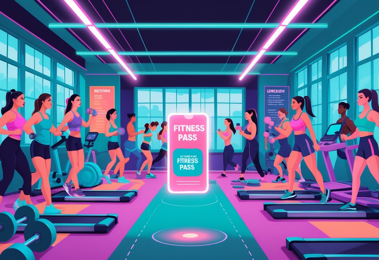 A lively gym scene with people exercising using vintage fitness equipment and a glowing fitness pass card floating in the foreground.