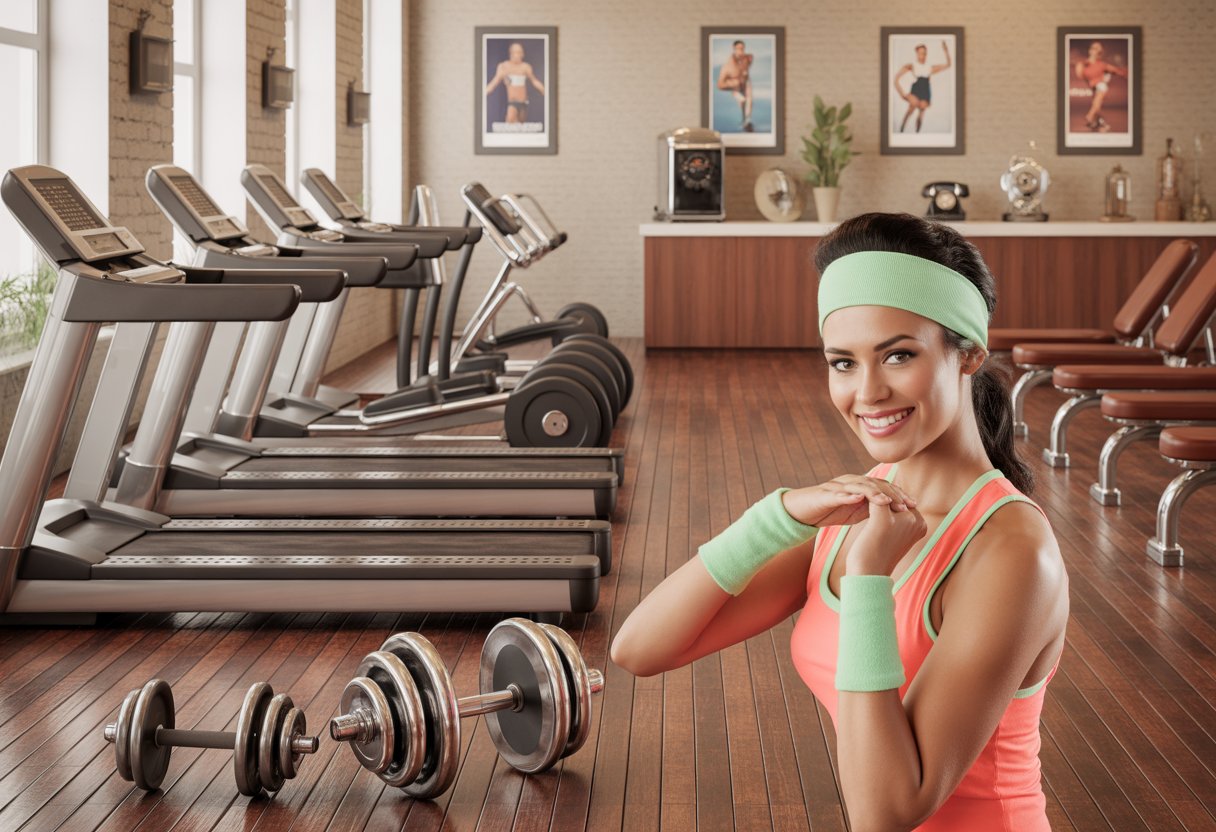 A retro-themed gym interior with vintage exercise equipment and a smiling instructor demonstrating an exercise.