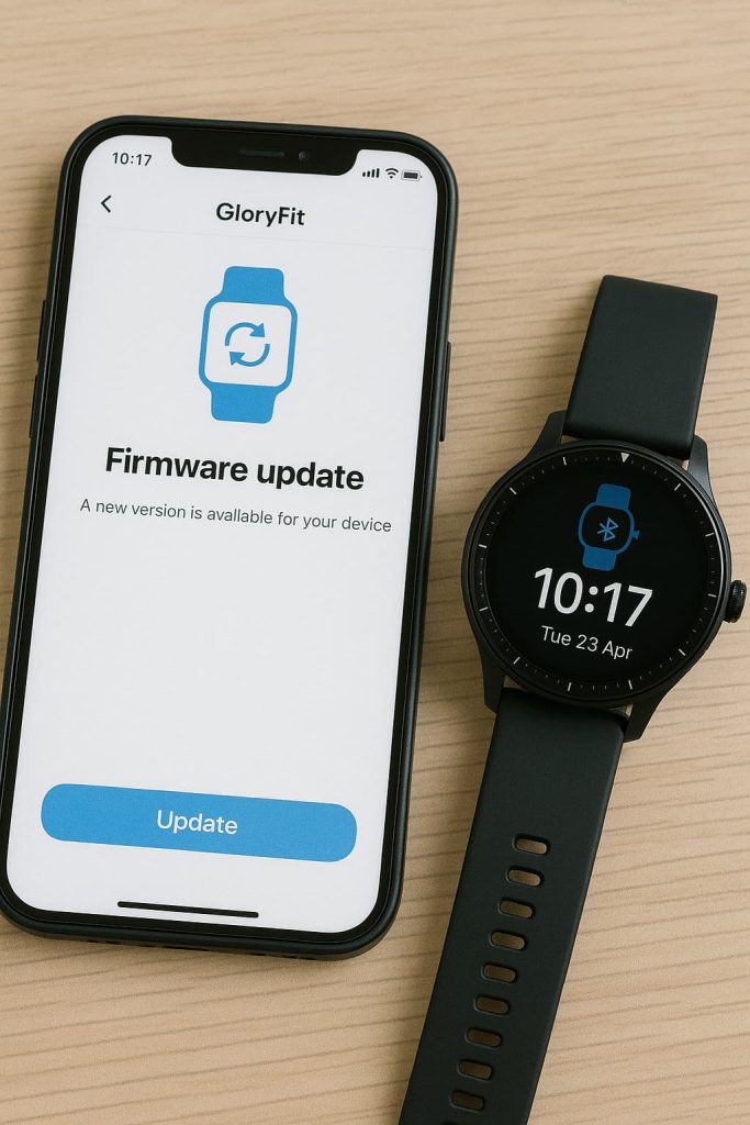 Smartwatch and phone on a table, phone shows ‘firmware update’ screen for GloryFit app, smartwatch beside it.