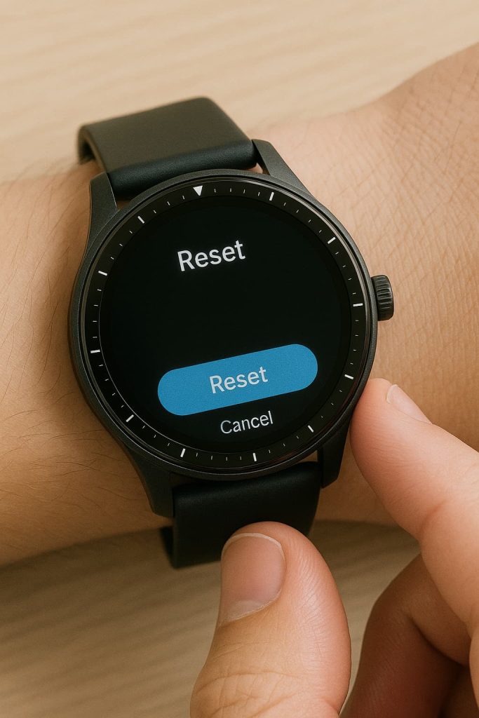 Person pressing the reset button on the side of a GloryFit G25 smartwatch, with a reset confirmation on the screen.