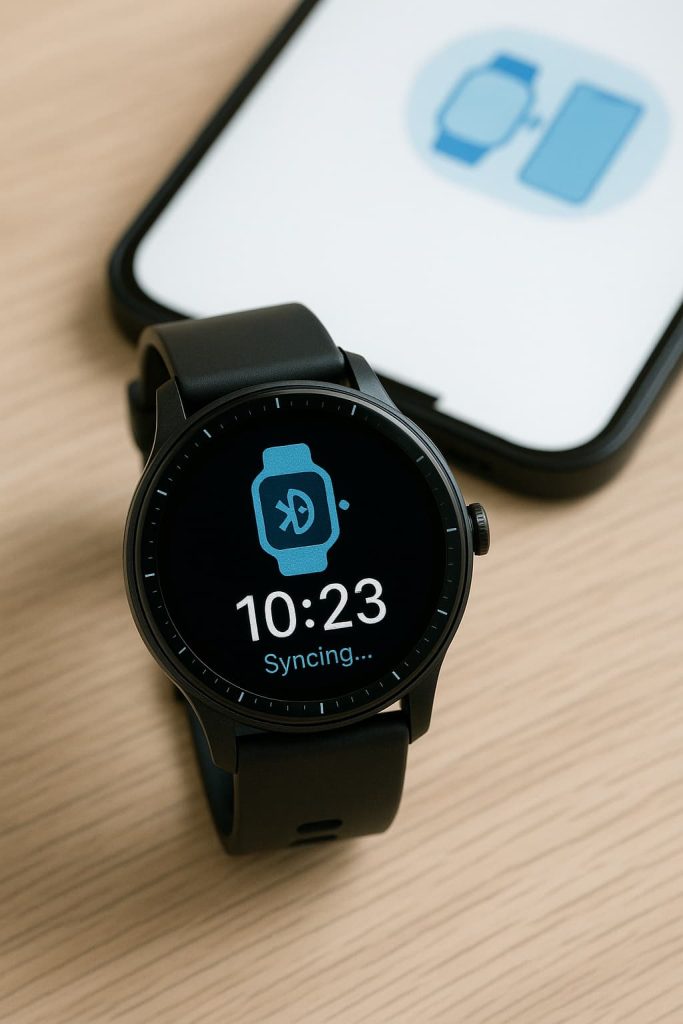 Close-up of a GloryFit G25 smartwatch displaying syncing animation with a phone nearby, clear digital time on the screen.