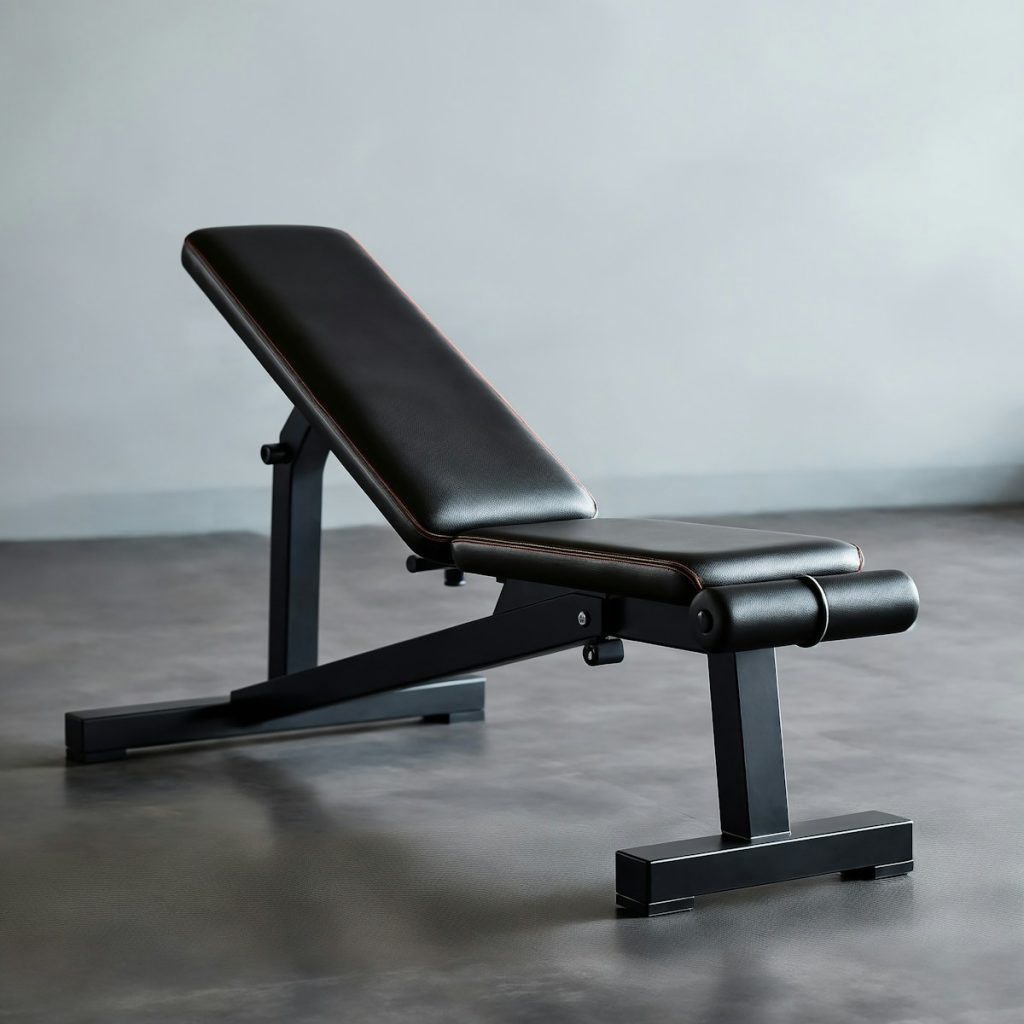 A black bench sitting on top of a gray floor