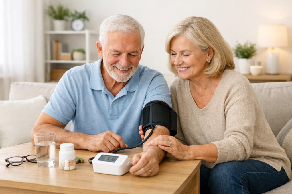 An elderly couple smiling while checking blood pressure at home