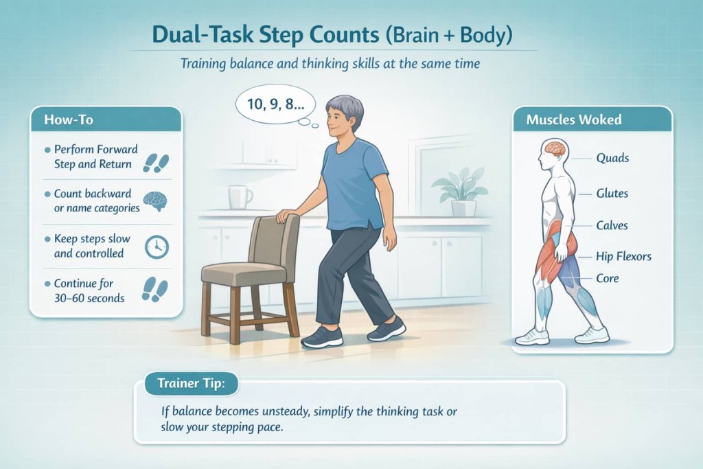 Dual-Task Step Counts (Brain + Body) coordination exercises for seniors