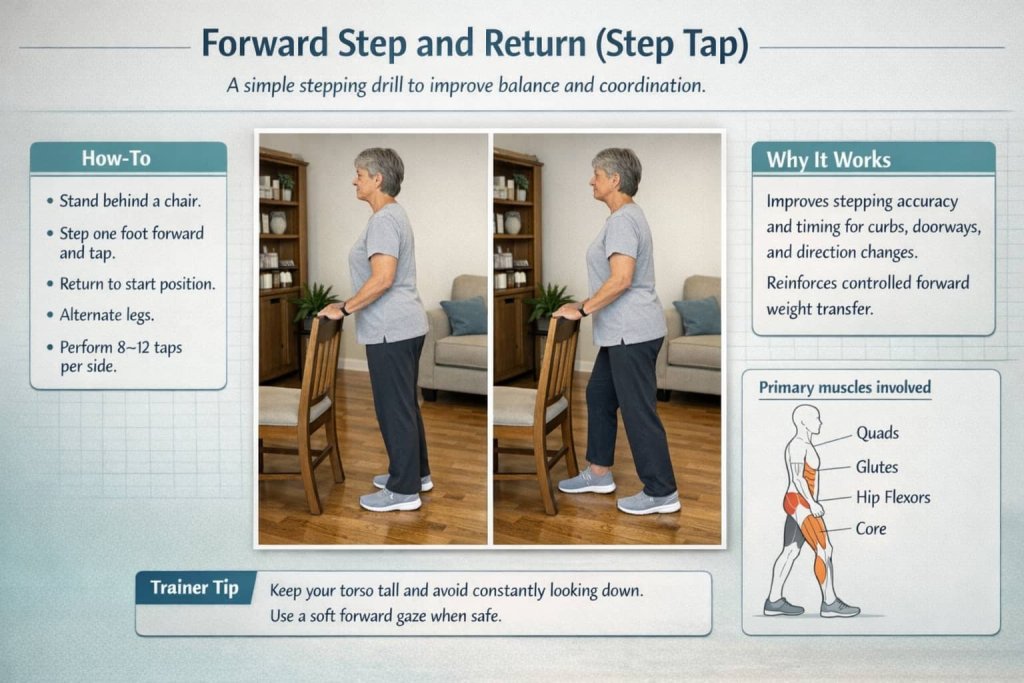 Forward Step and Return (Step Tap) coordination exercises for seniors