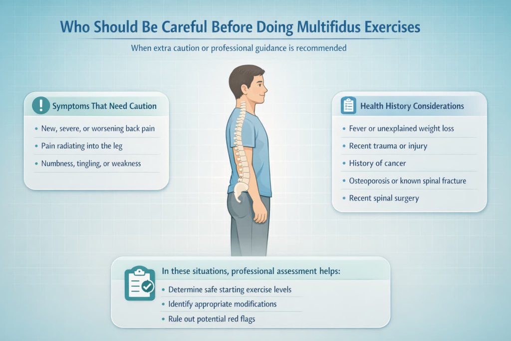 Who should be careful before doing multifidus exercises
