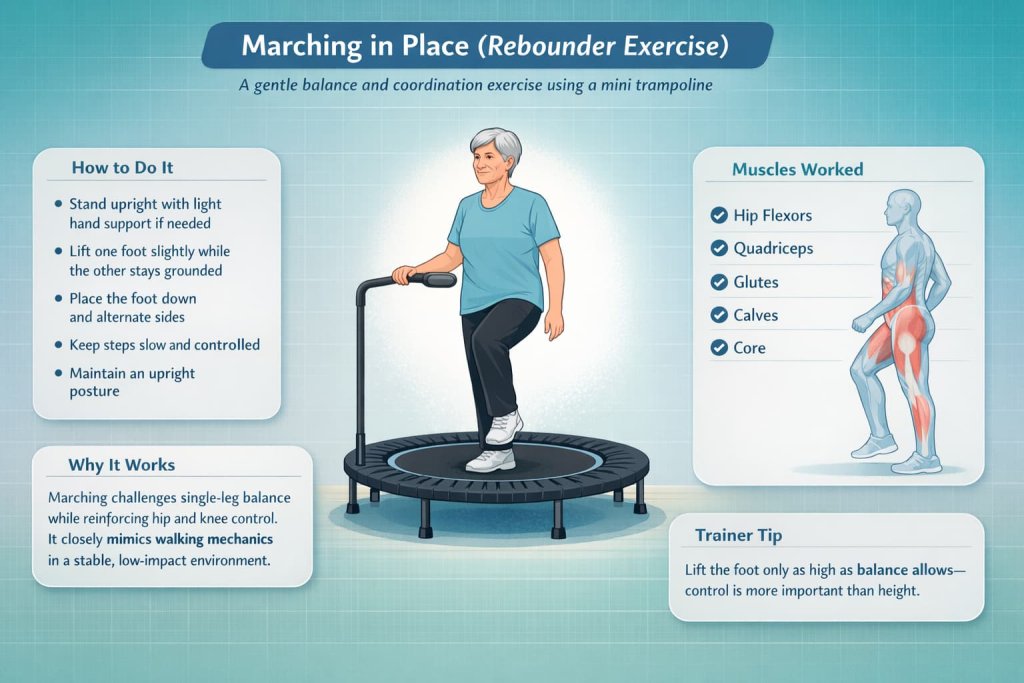 Marching in Place Rebounder Exercises for Seniors