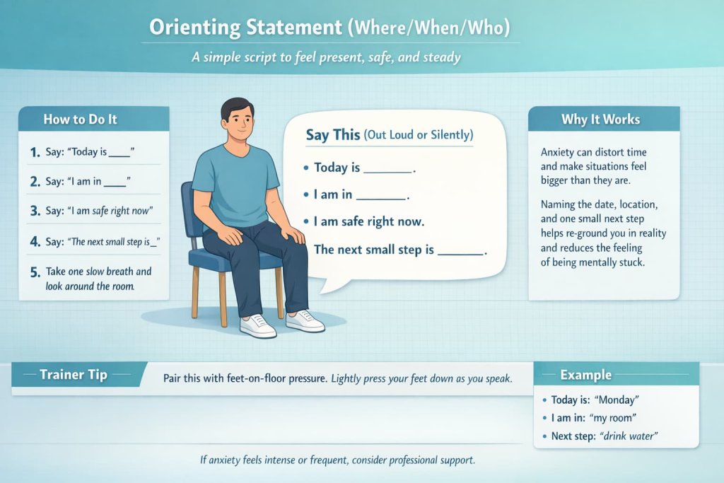 Orienting Statement (Where/When/Who) grounding exercises